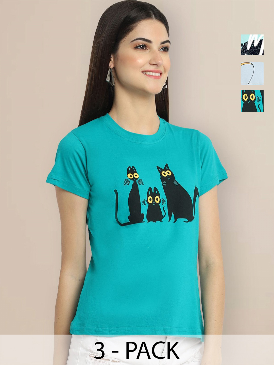 Metronaut Women Pack of 3 Tom & Jerry Graphic Printed Round Neck Cotton T-shirts