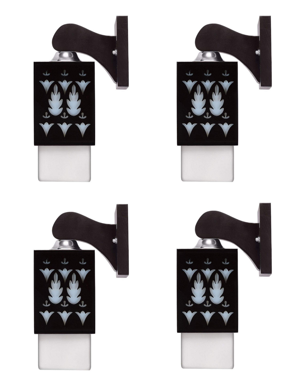 Gojeeva Black & White 4 Pieces Floral Textured Square Shaped Wooden Wall Lamps