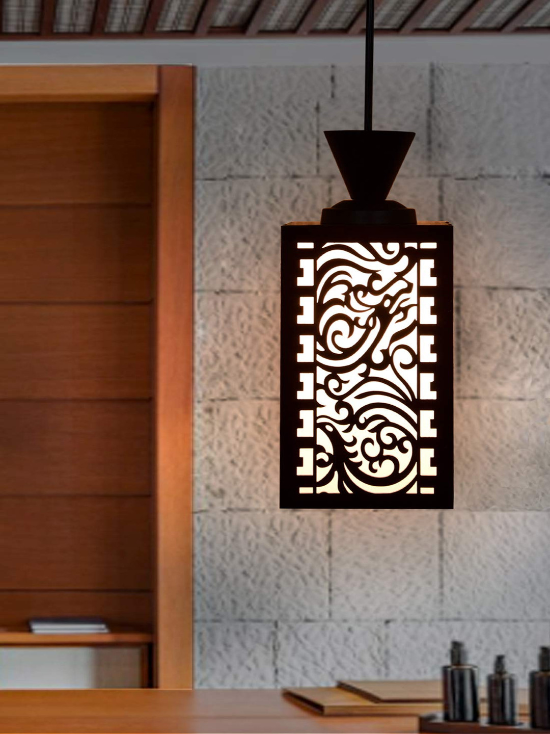 Gojeeva Black & White Textured Wood Rectangle Shaped Wall Lamp