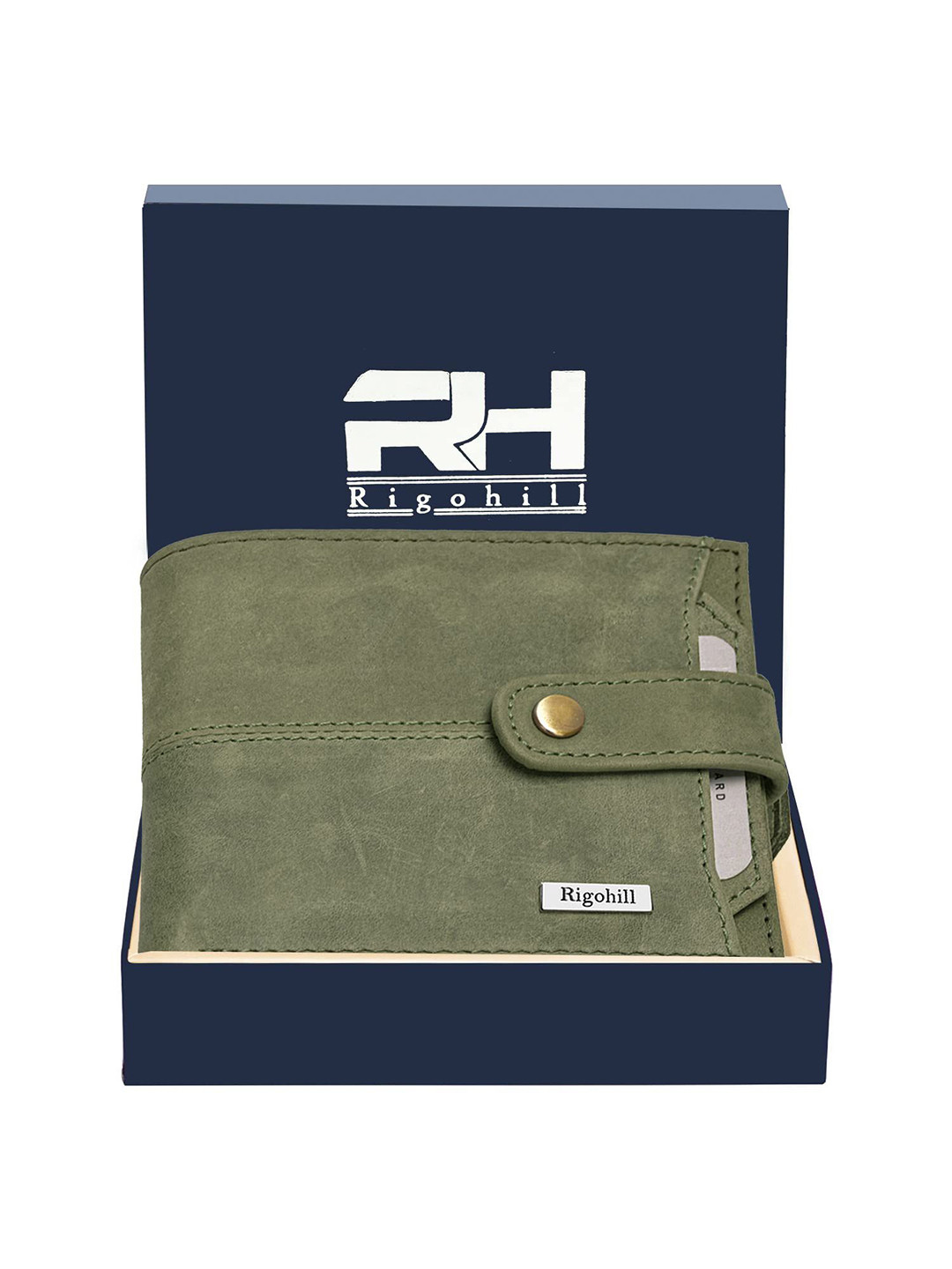 Rigohill Men Doger Olive Green RFID Protected Leather Two Fold Wallet