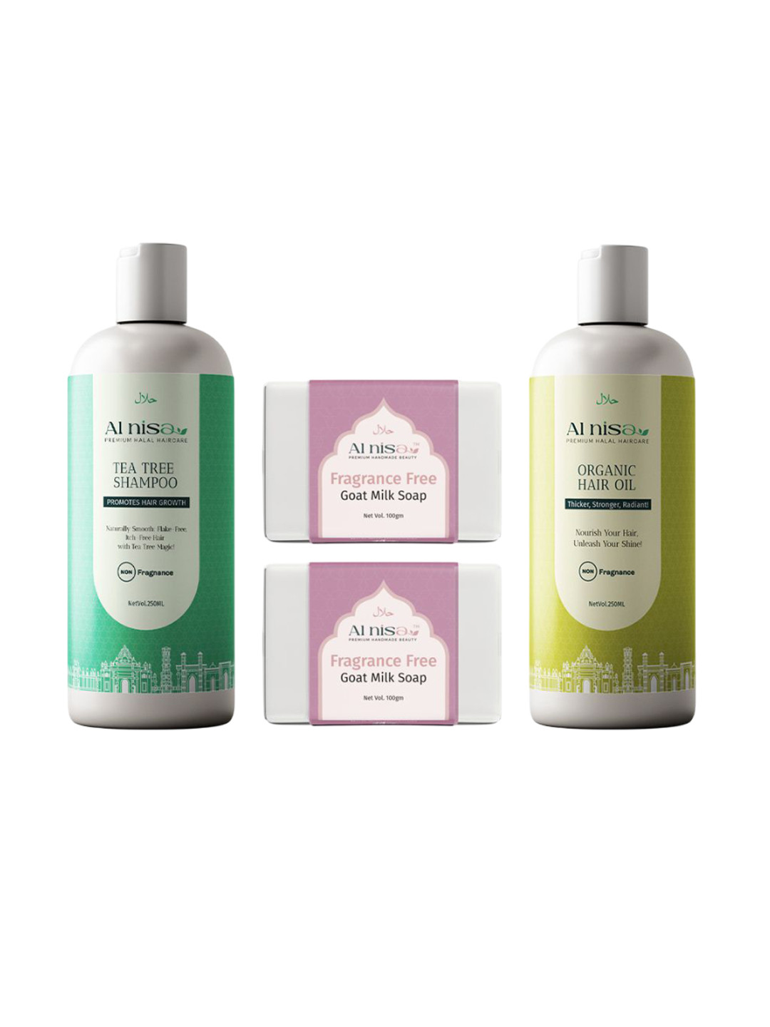 Al Nisa Set Of 4 Tea Tree Shampoo- 250 ml - Hair Oil- 250 ml & Goat Milk Soap- 100 g Each