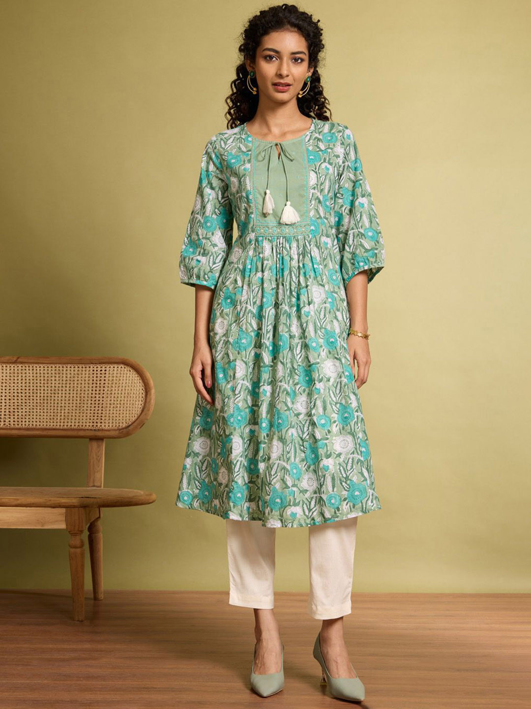 Taneira Floral Printed Cotton A-Line Kurta