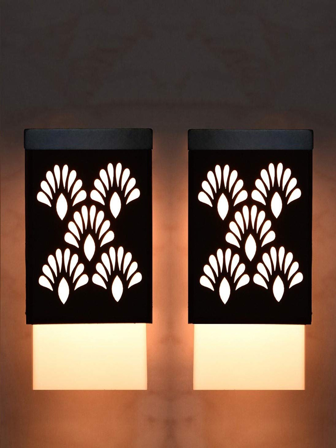 Gojeeva Black & White 2 Pieces Floral Textured Square Shaped Wooden Hanging Wall Lamps