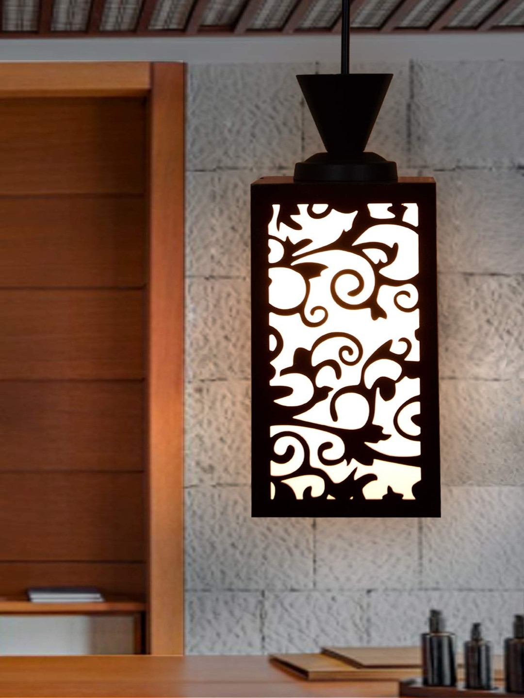 Gojeeva Black and White Textured Wooden Contemporary Rectangle Shaped Ceiling Lamps