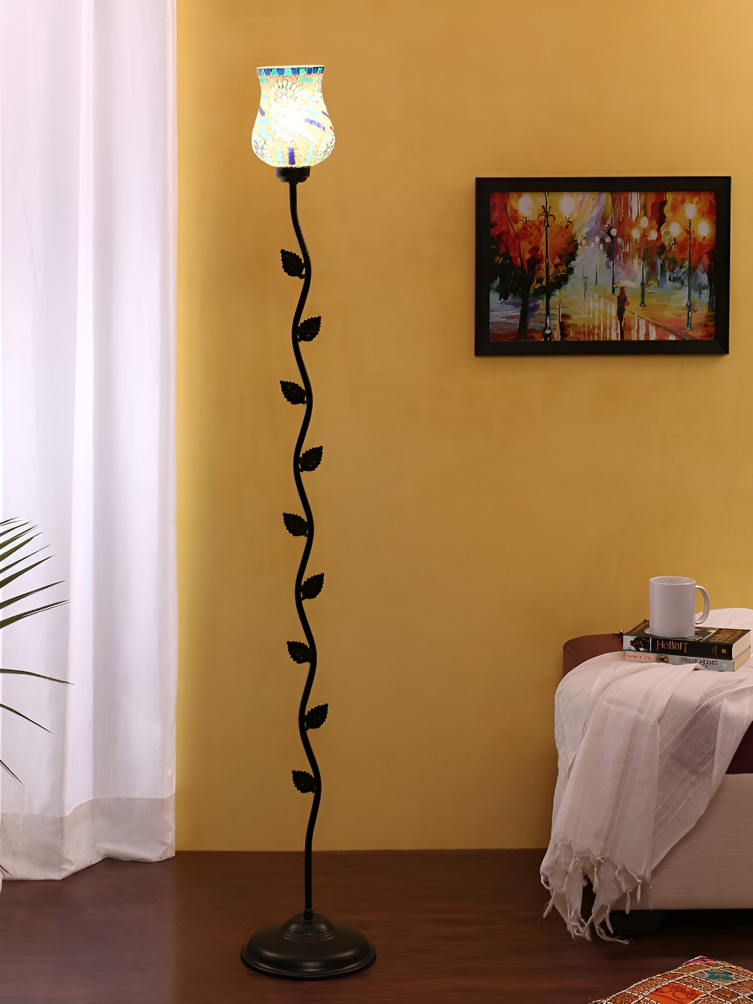 Devansh Black & Blue Printed Glass Bell Shaped Floor Lamp