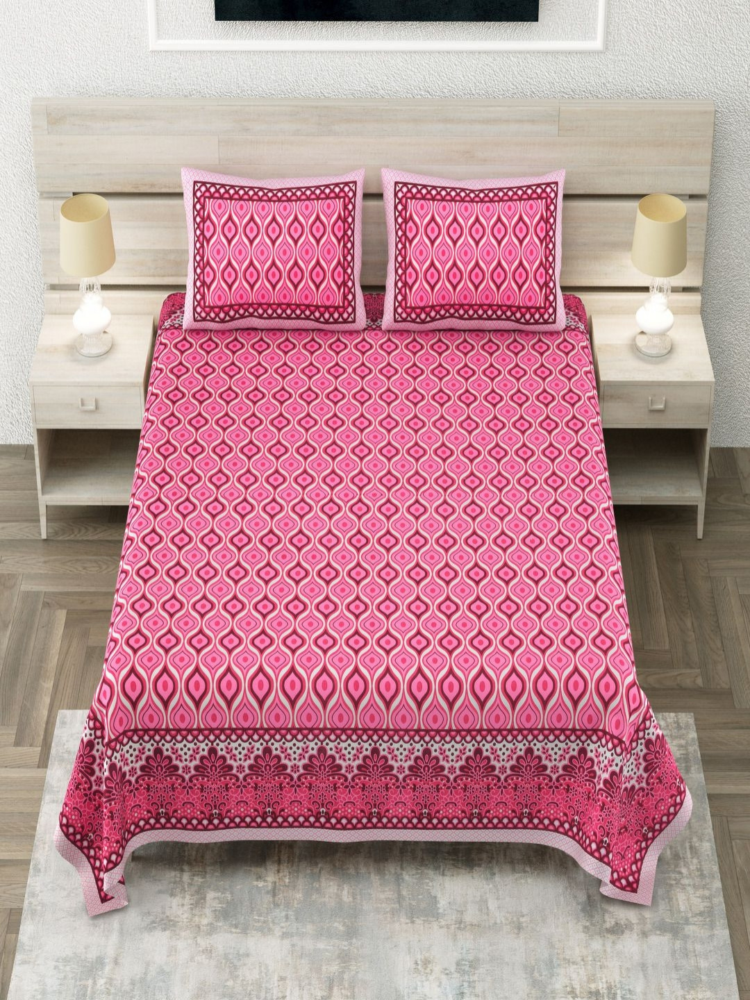 Aapno Rajasthan Ogee Pink Ethnic Motifs Cotton 144 TC King Bedsheet with 2 Pillow Covers-108 x 108 inches