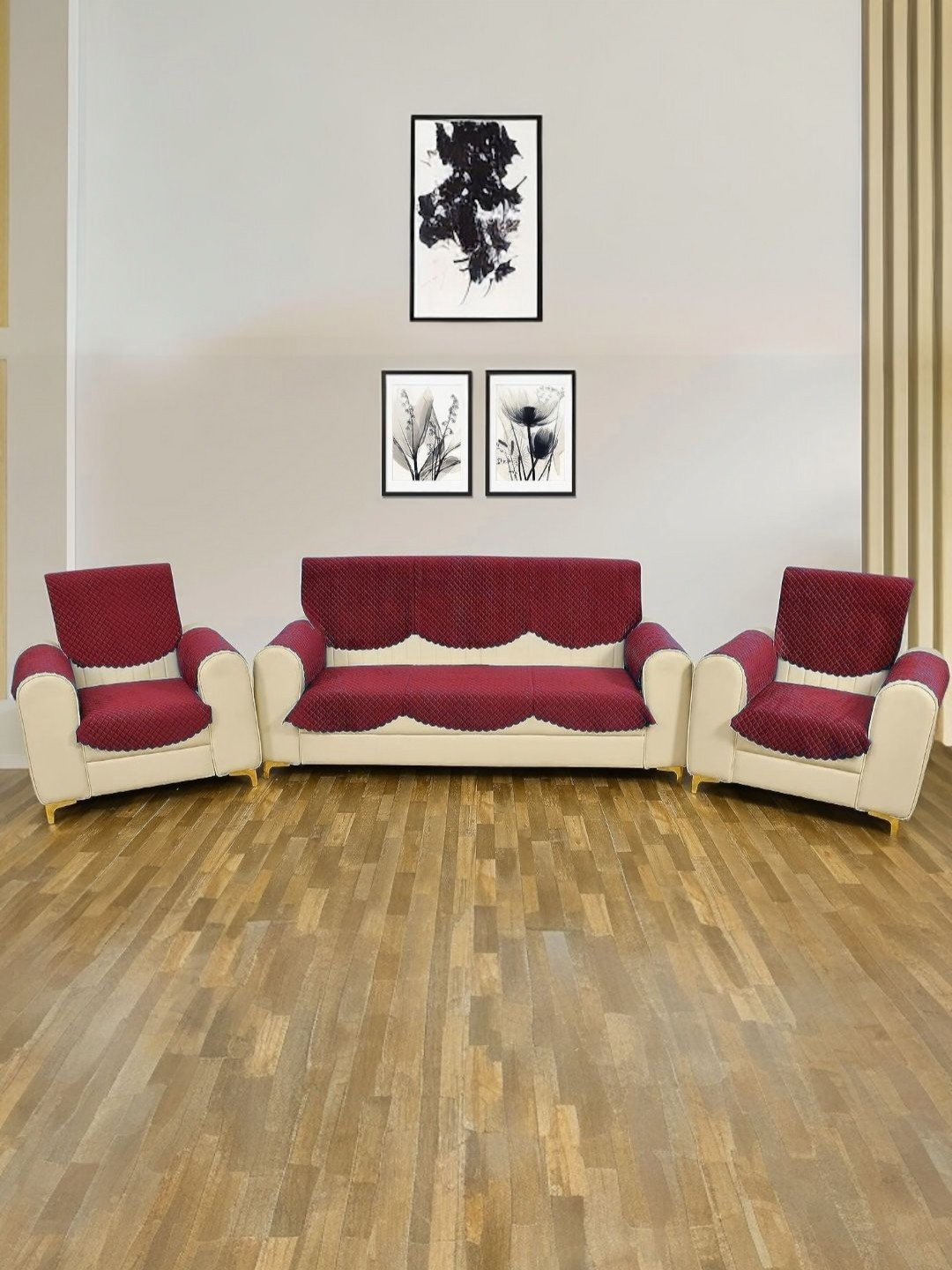 BIGGER FISH Maroon 12 Pieces Quilted Velvet 5 Seater Sofa Covers With Arms