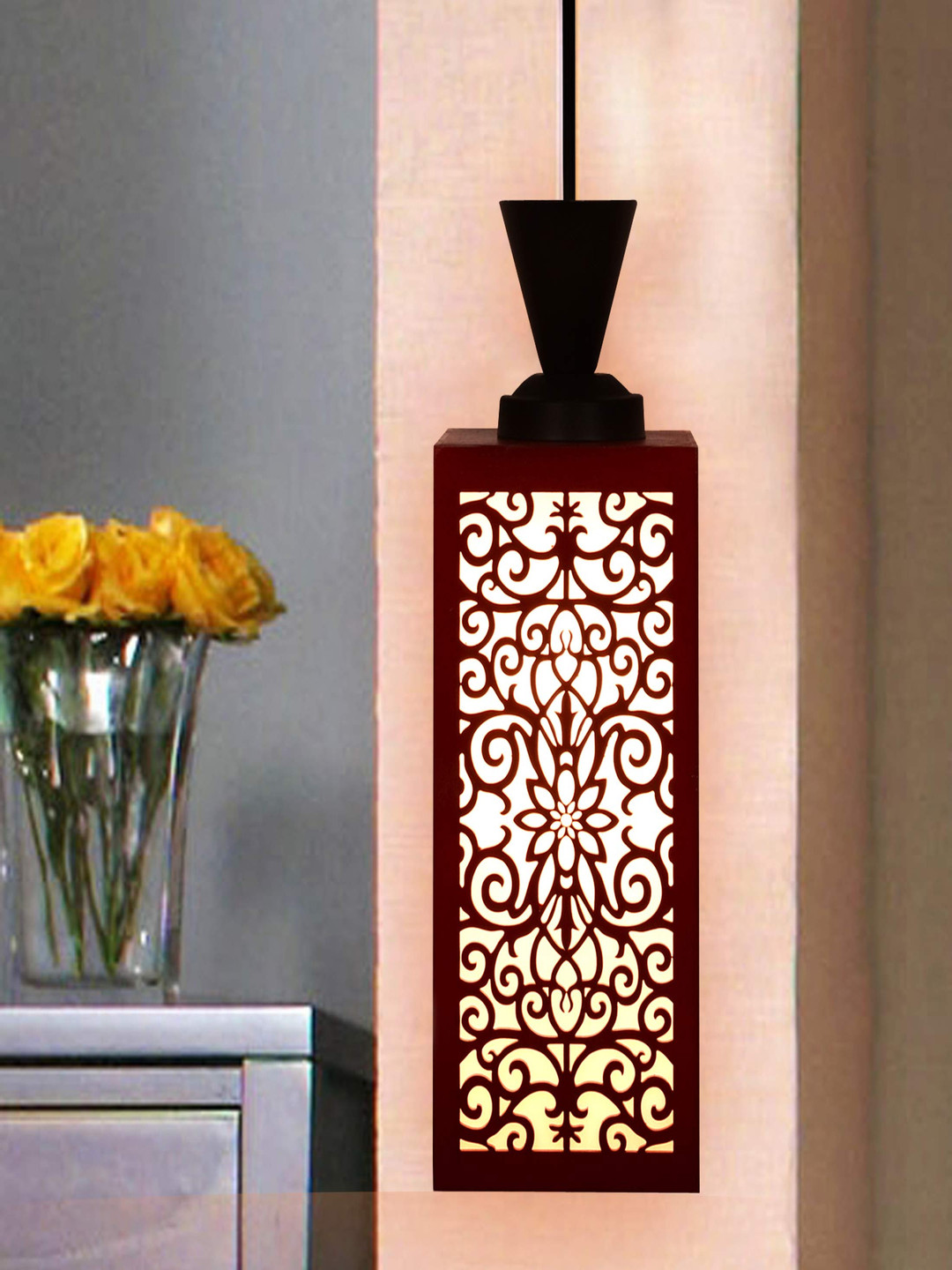 Gojeeva Red and White Wooden Textured Contemporary Square Shaped Wall Lamp