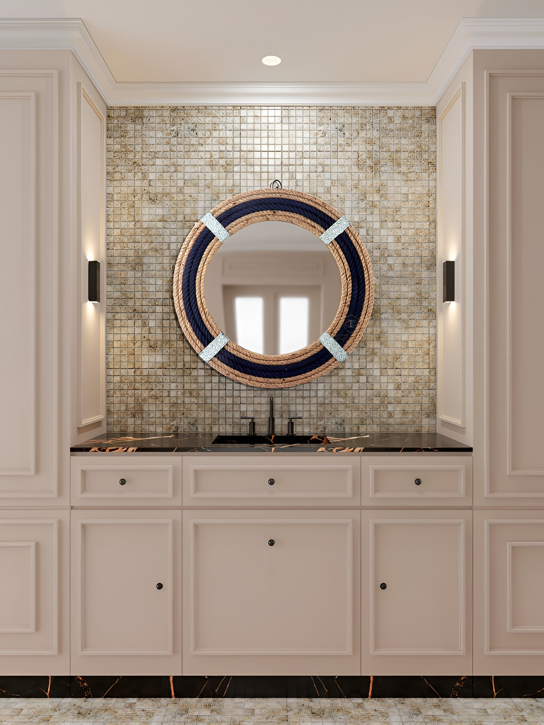 Creation India Craft Beige and Black Textured Round Shaped Wooden Wall Mirror