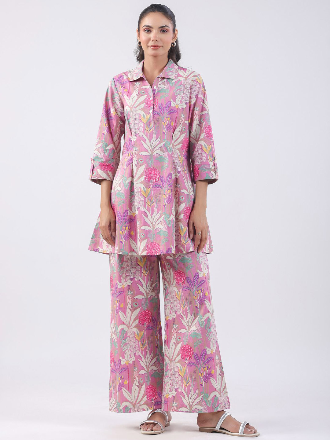 JISORA Purple Printed Shirt Collar Pure Cotton Tunic With Palazzos Co-Ords Set