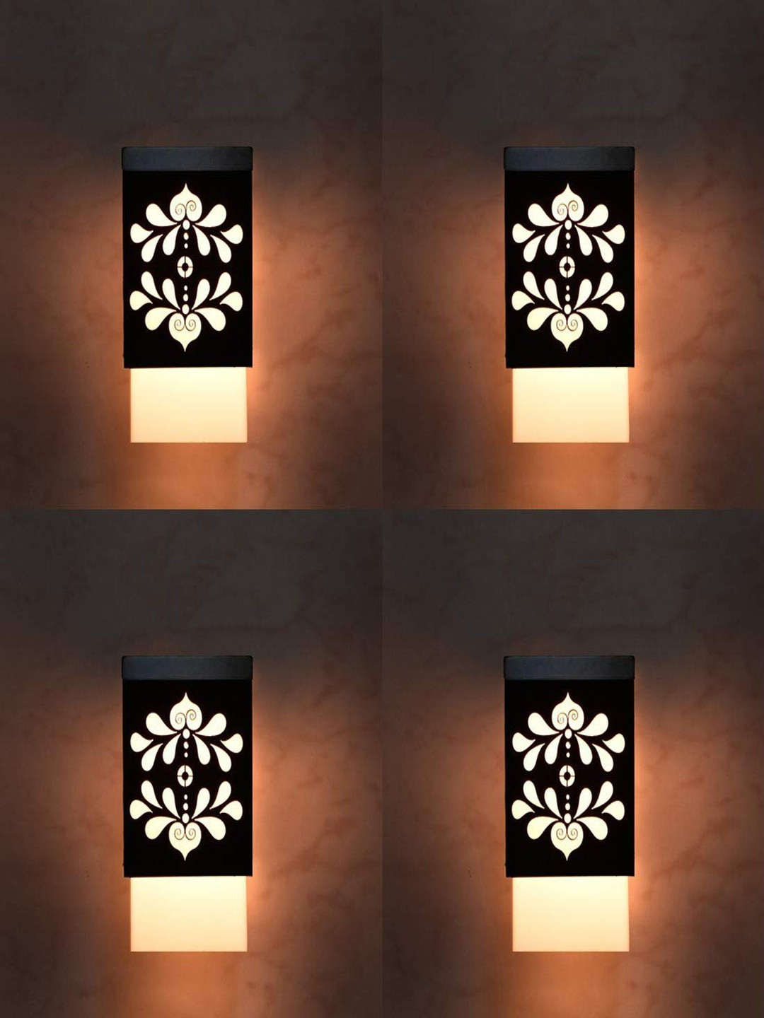 Gojeeva Black & White 4 Pieces Floral Textured Square Shaped Wooden Hanging Wall Lamps
