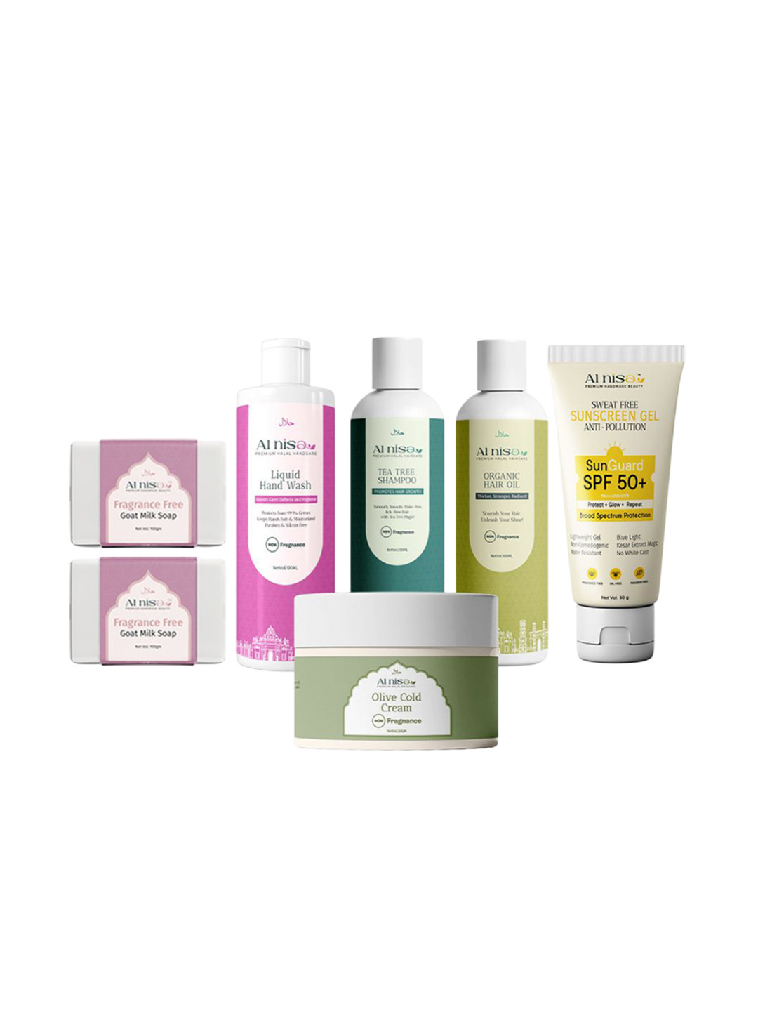 Al Nisa Set Of 7 Liquid Hand Wash- Tea Tree Shampoo- Hair Oil- 200 ml Each- Sunscreen- 50g