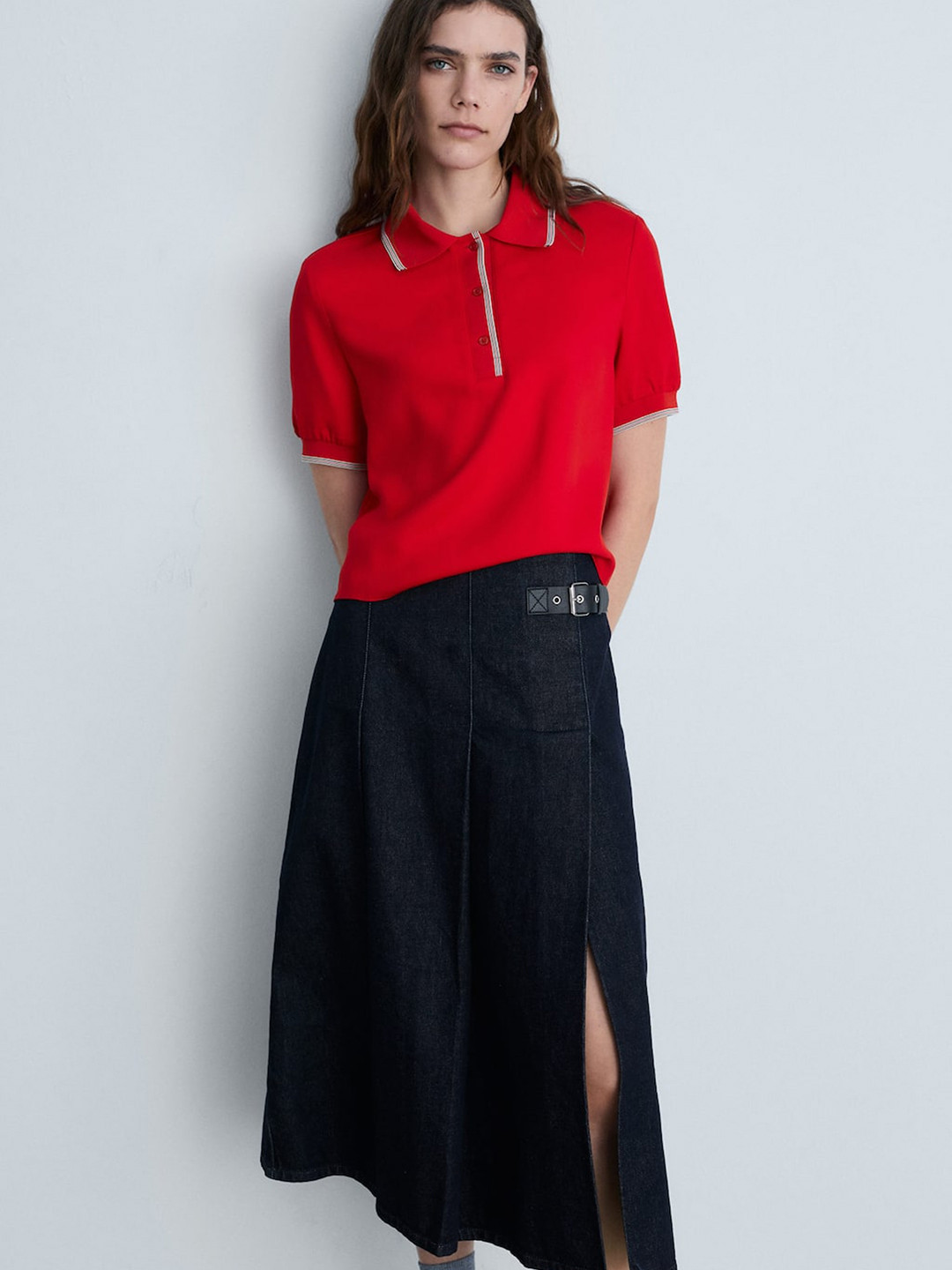 MANGO Contrast Trims Polo Collar Casual T-shirt