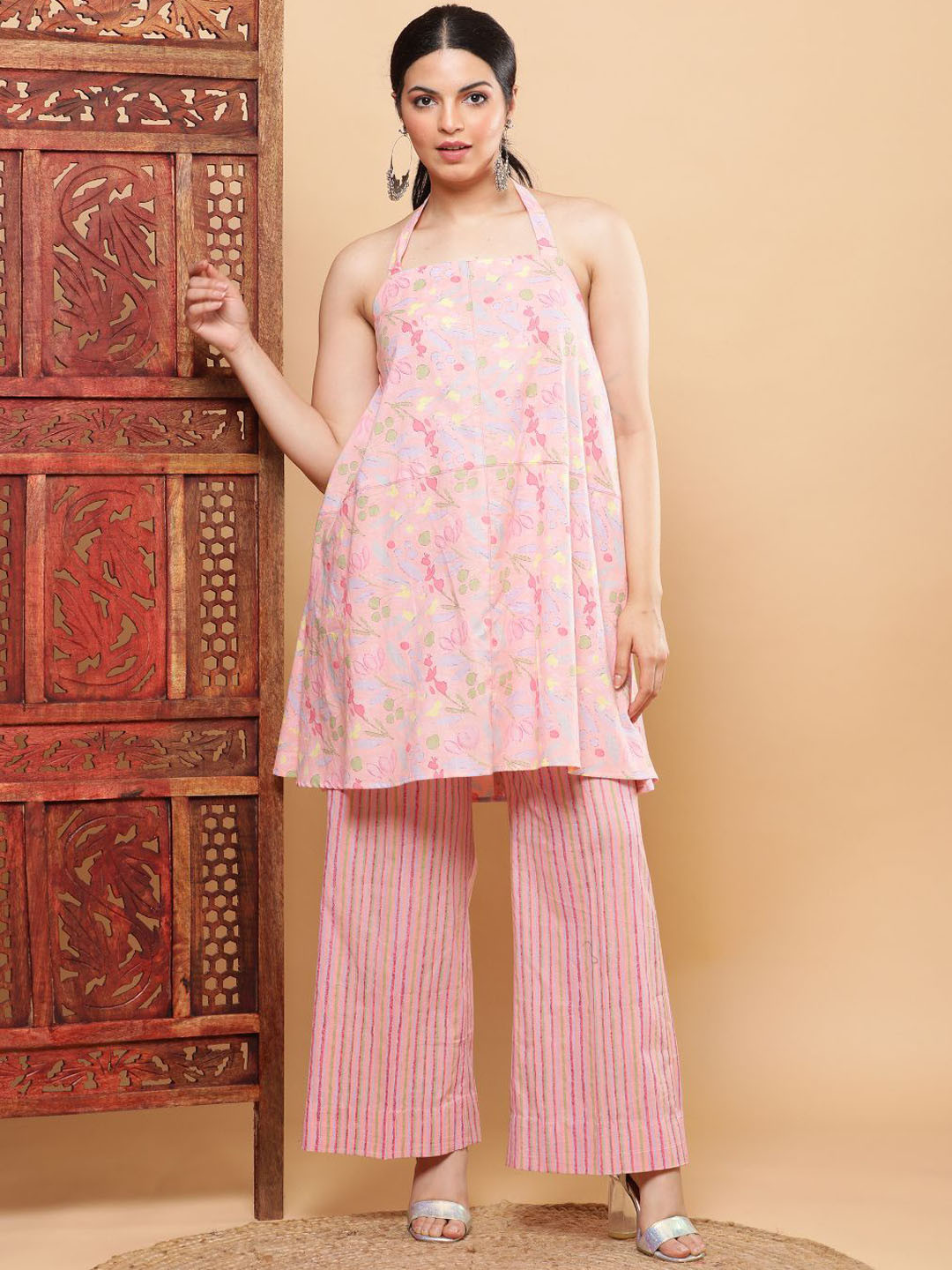 BohoJazz Pink Vacay Halter Pure Cotton Top with Comfort Pants Co-ord Set