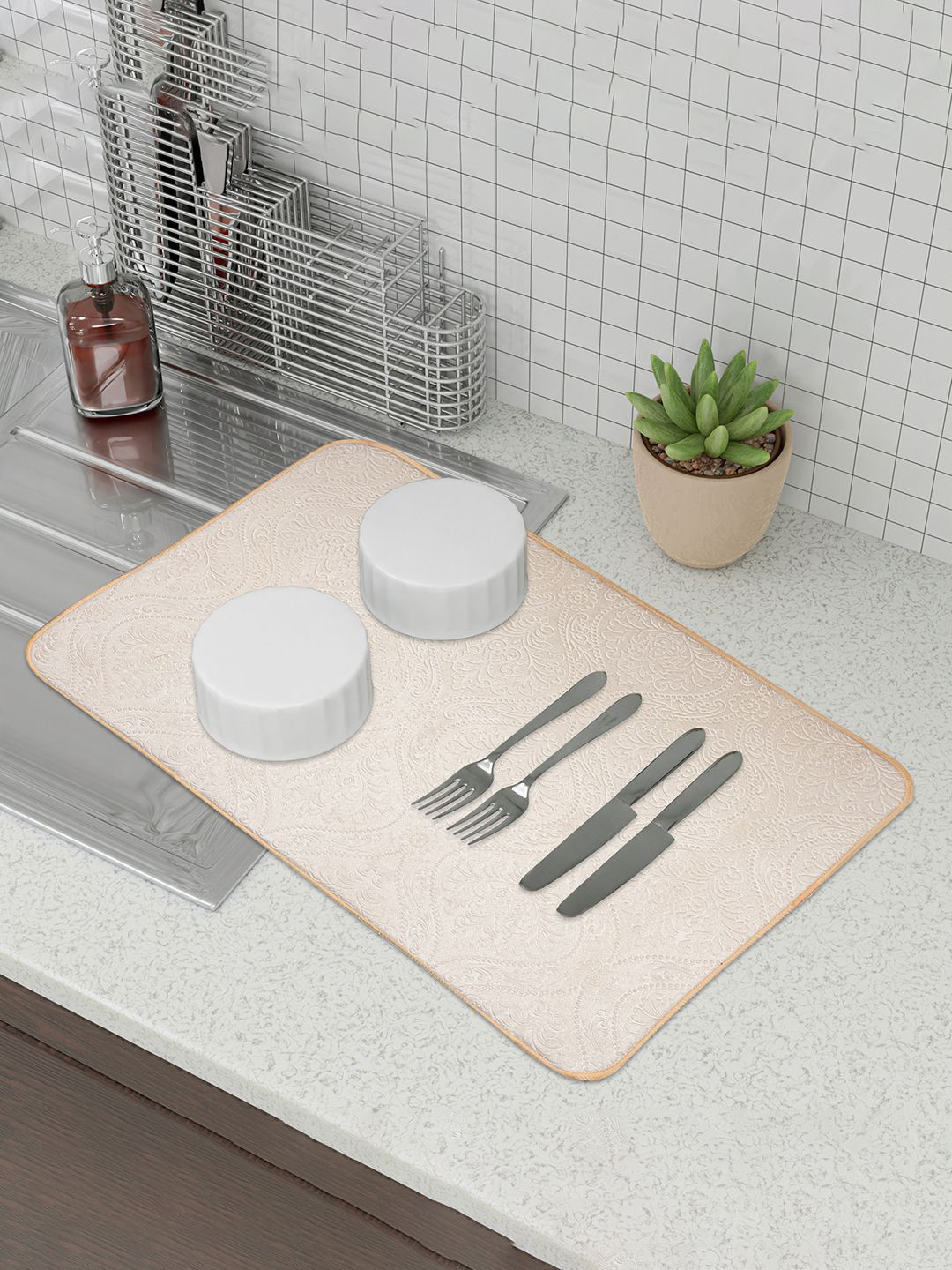 Kuber Industries Cream-Coloured Self Design Microfiber Kitchen Self Dish Dry Mat