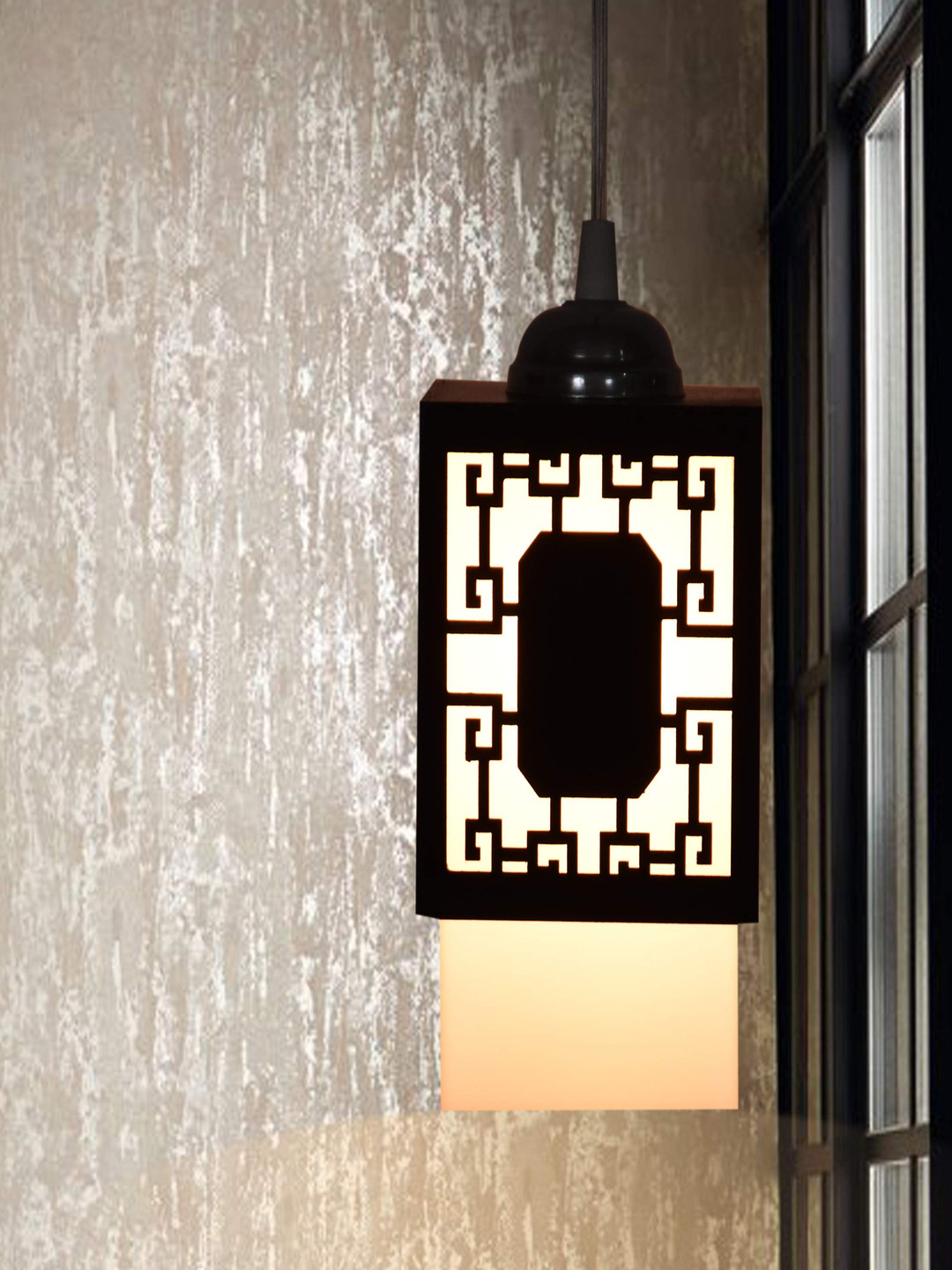 Gojeeva Zup Black and White Wooden Textured Contemporary Square Shaped Wall Hanging Lamp