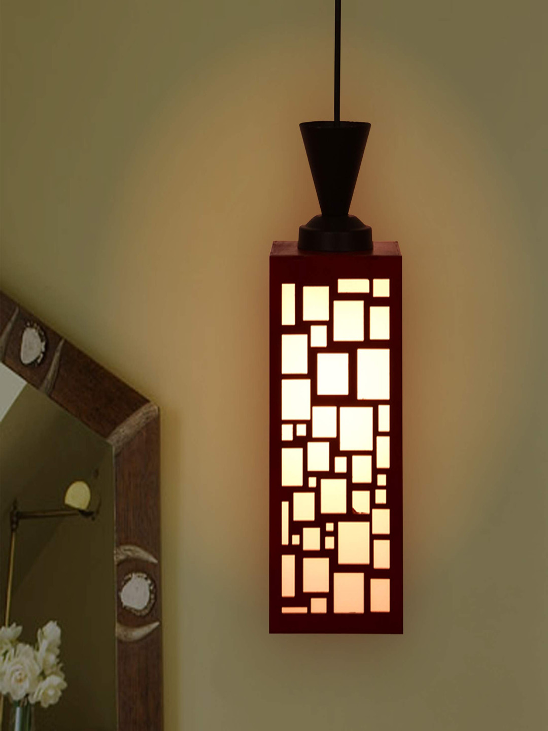 Gojeeva Red and White Textured Wooden Contemporary Square Shaped Ceiling Lamp