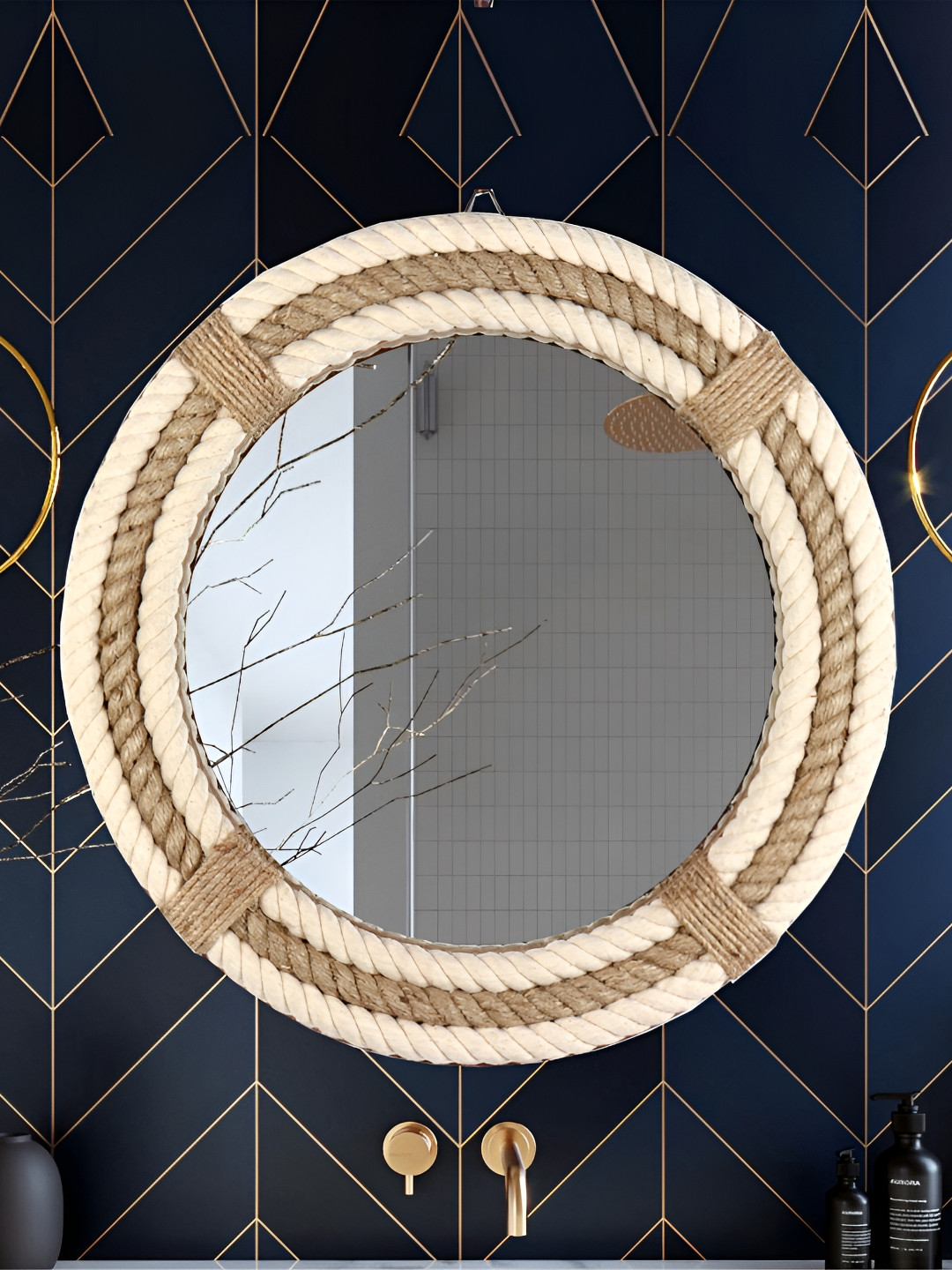 Creation India Craft Transparent & Beige Jute Cotton Round Shaped Wall Mirror