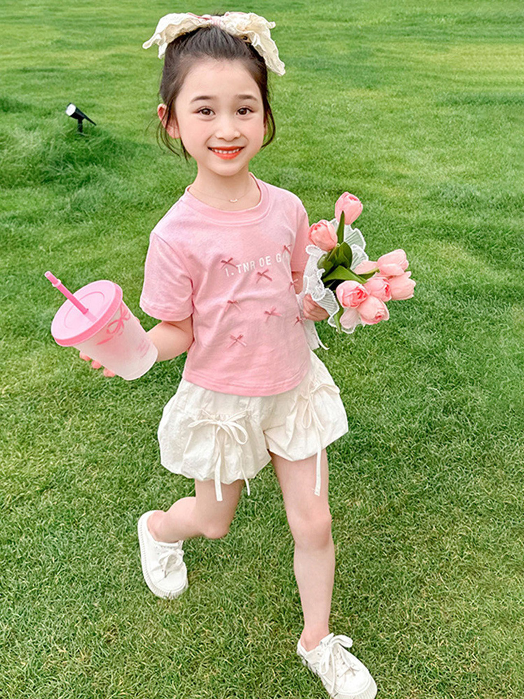 LULU & SKY Girls Self Design Round Neck T-shirt With Balloon Shorts