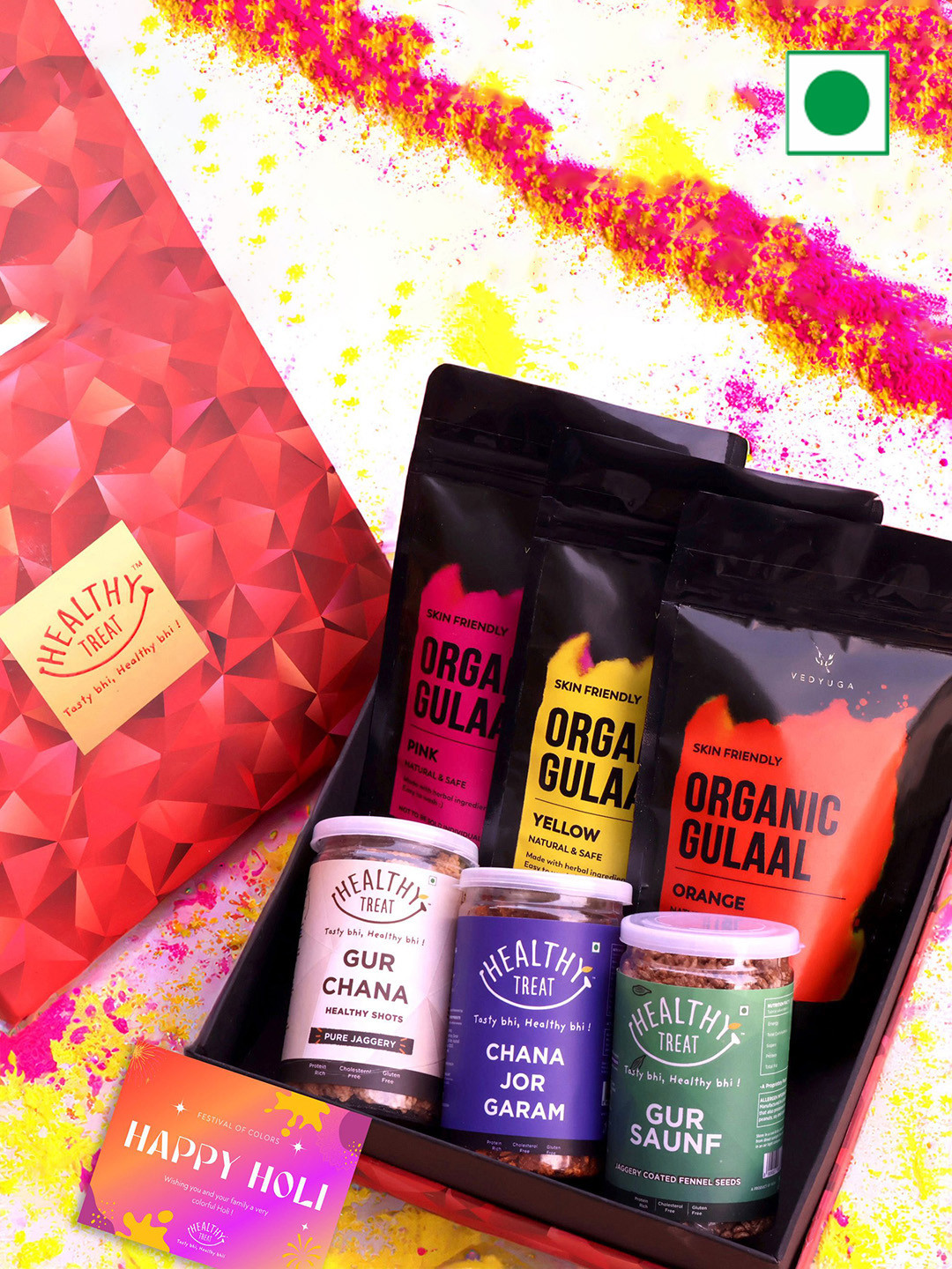 Healthy Treat Set Of 7 Festive Flavors Holi Gift Hamper Roasted Snacks & Holi Card