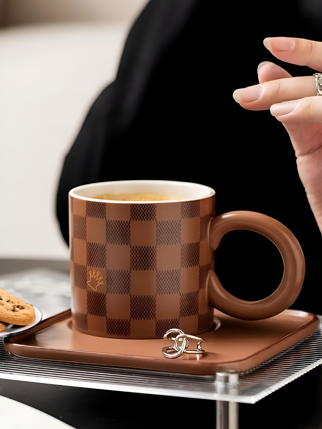 BonZeaL Brown & Black Checked Printed Ceramic Matte Mug with Saucer-260 ml