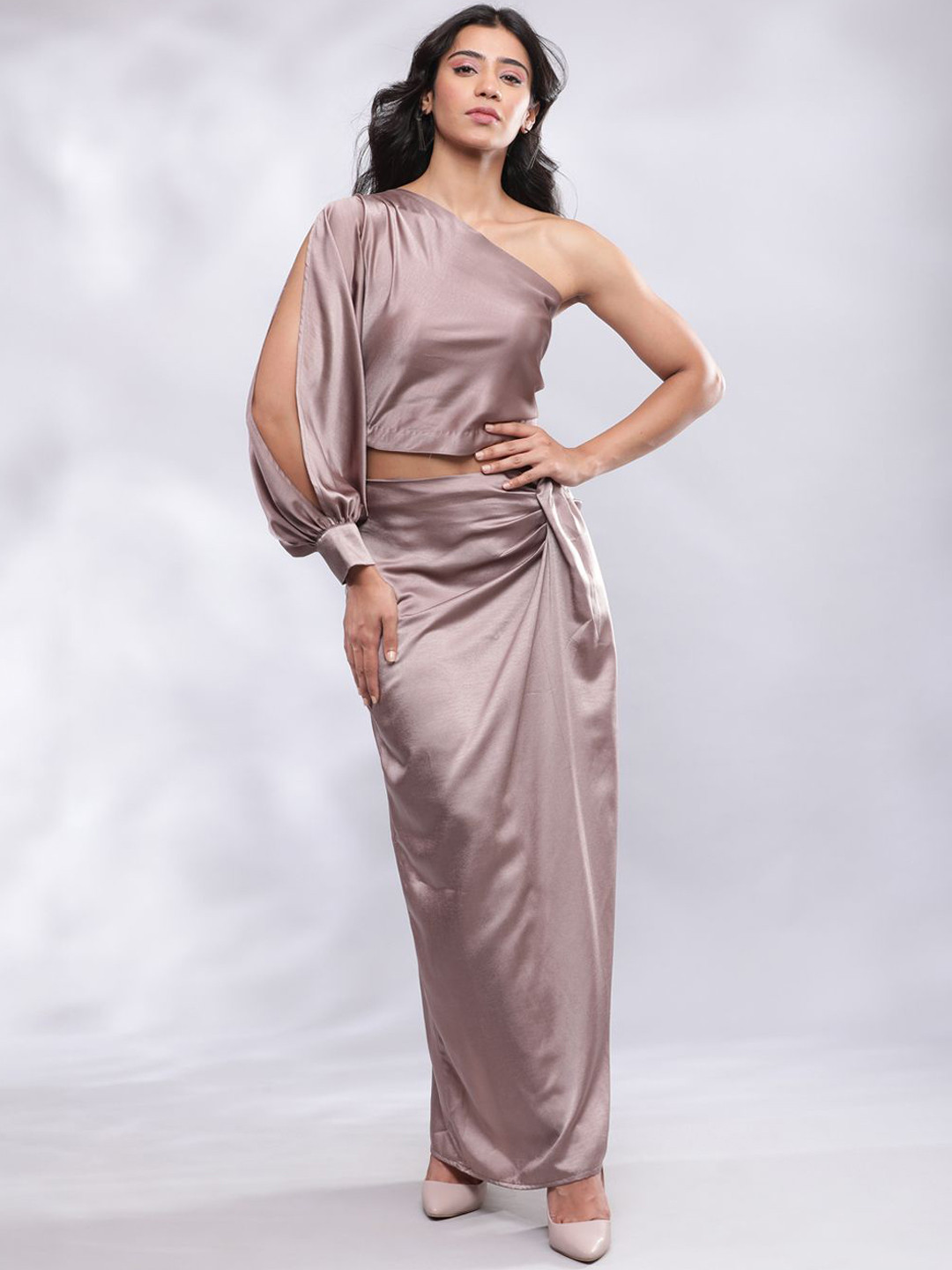 BohoJazz One Shoulder Cowl Top with Drape Skirt Co-ord Set