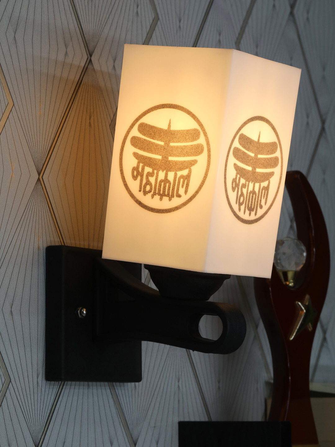 Gojeeva White & Black Mahakaal Printed Acrylic Traditional Rectangle Shaped Wall Lamp