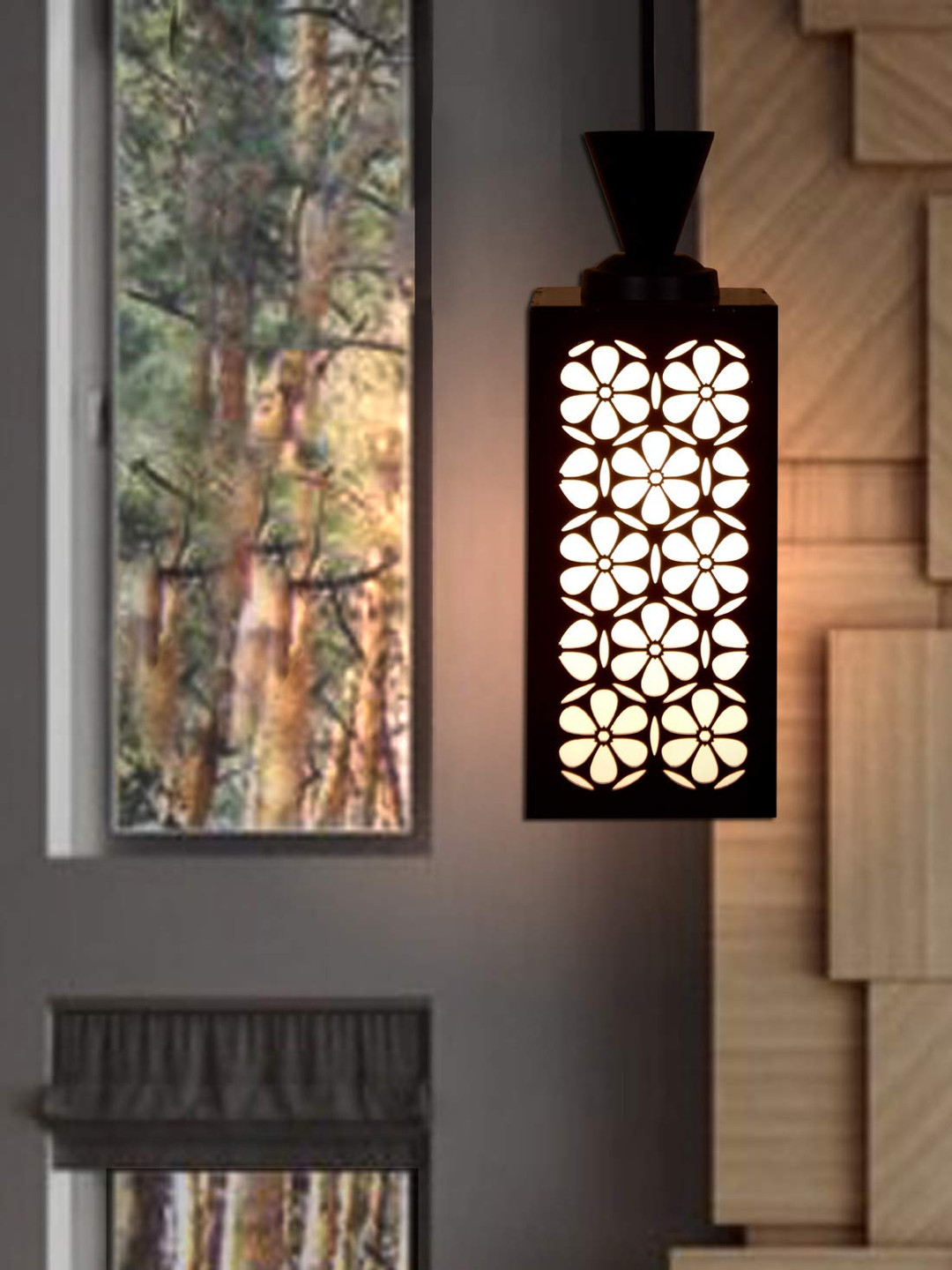 Gojeeva Black & White Textured Wooden Rectangle Shaped Ceiling Lamp