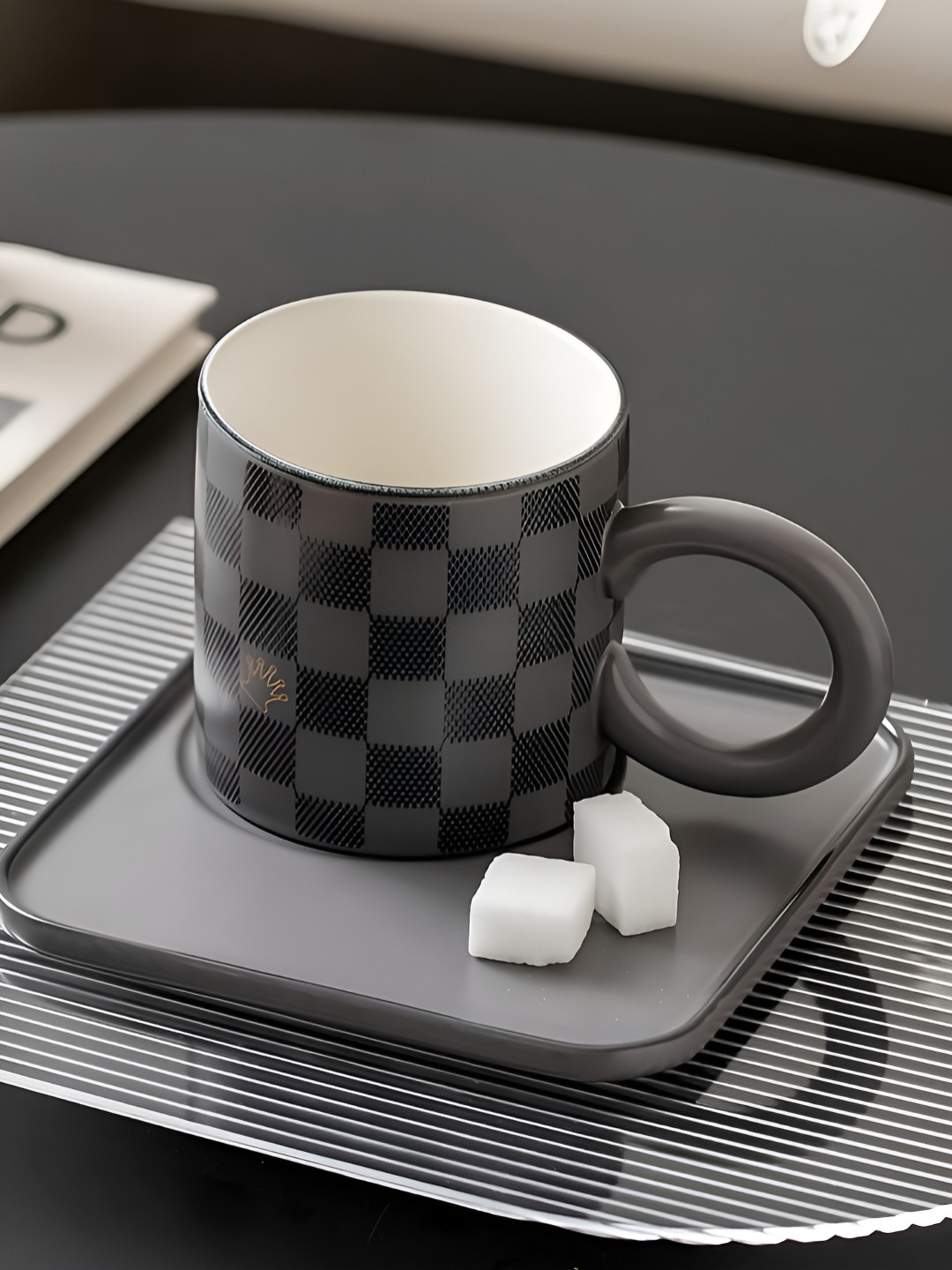 BonZeaL Black & White Checked Printed Ceramic Matte Mug with Saucer-260 ml