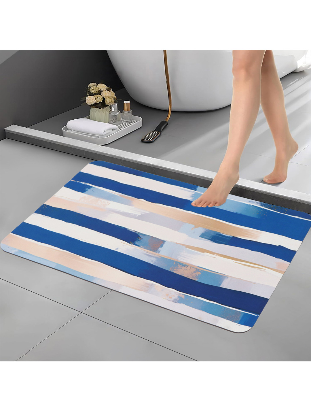 Aura Blue & Cream Printed Anti Skid Bath Rug