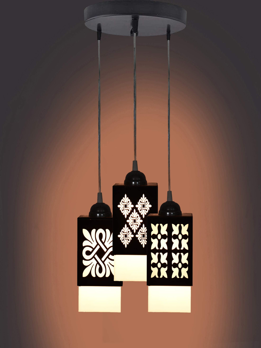 Gojeeva Black & White 3 Pieces Textured Square Shaped Wooden Hanging Wall Lamps