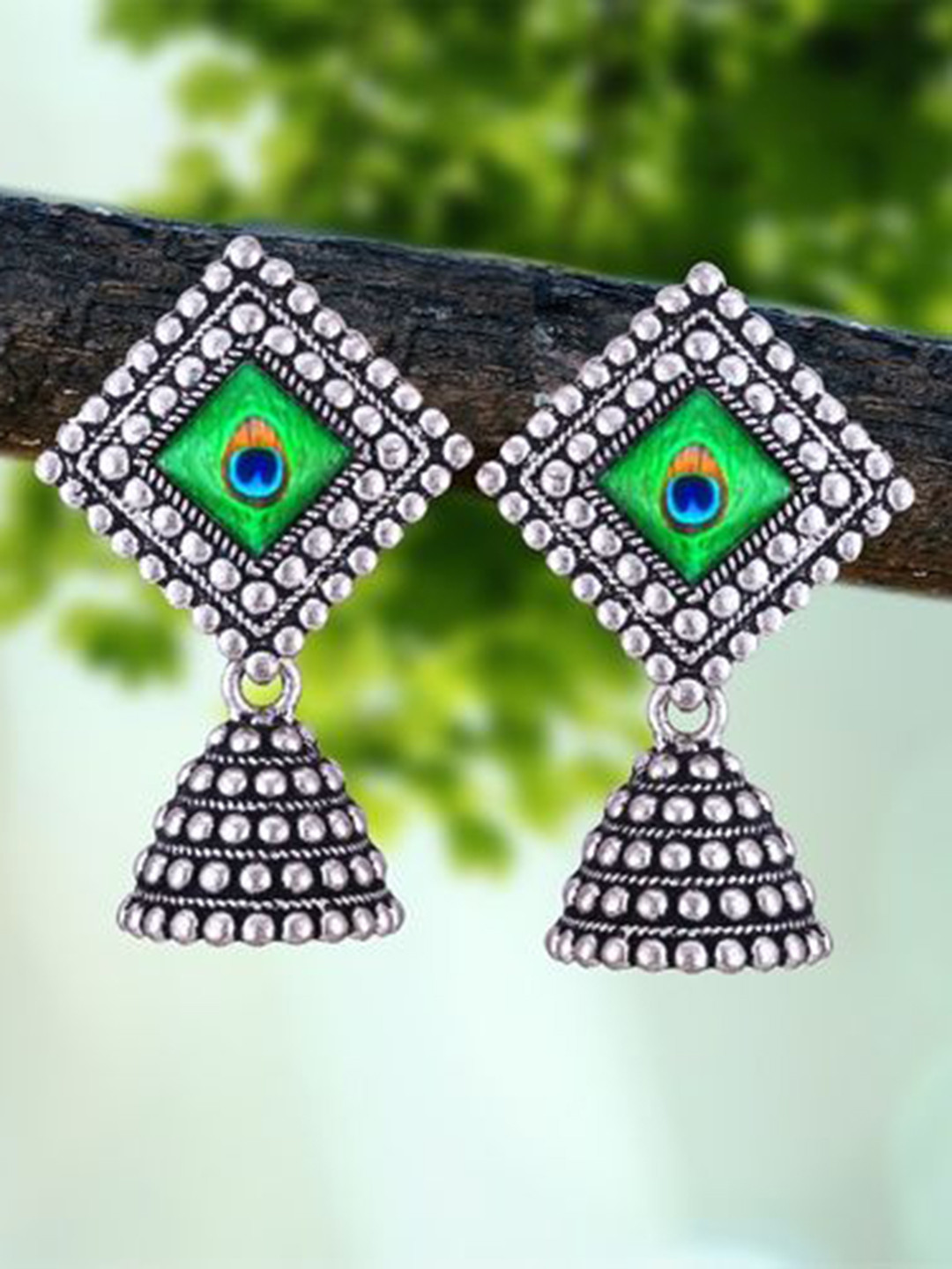 MEENAZ Set Of 5 Silver-Plated Sqaure Shaped Oxidised Jhumkas