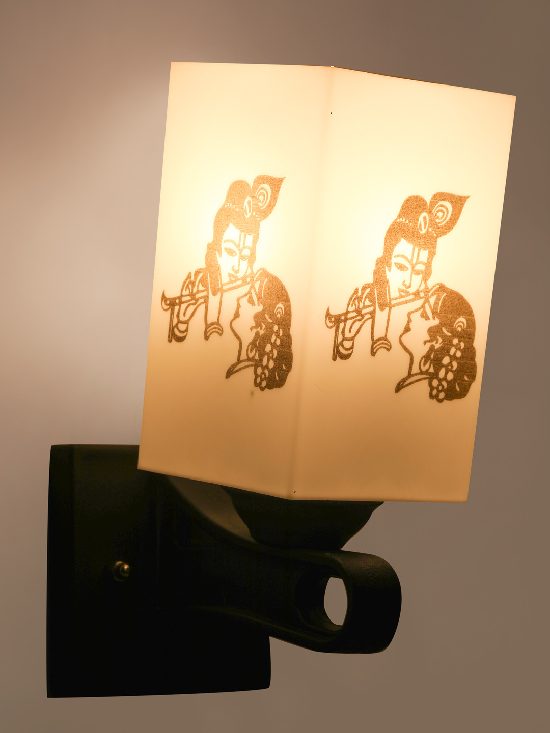 Gojeeva White & Black RadhaKrishna Printed Acrylic Traditional Rectangle Shaped Wall Lamp