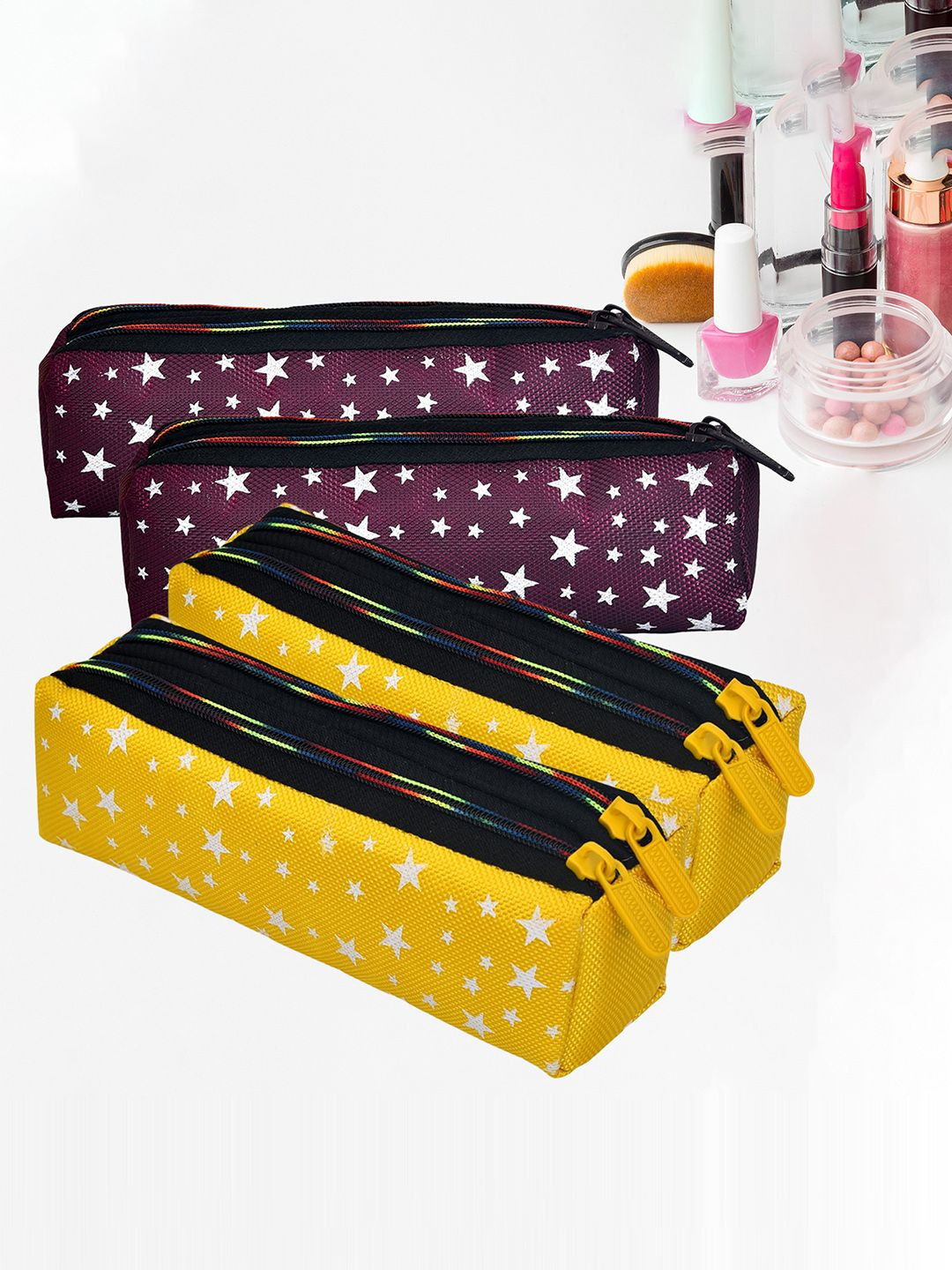 Kuber Industries 4 Pcs Yellow & Purple Printed Multi Utility Pouch