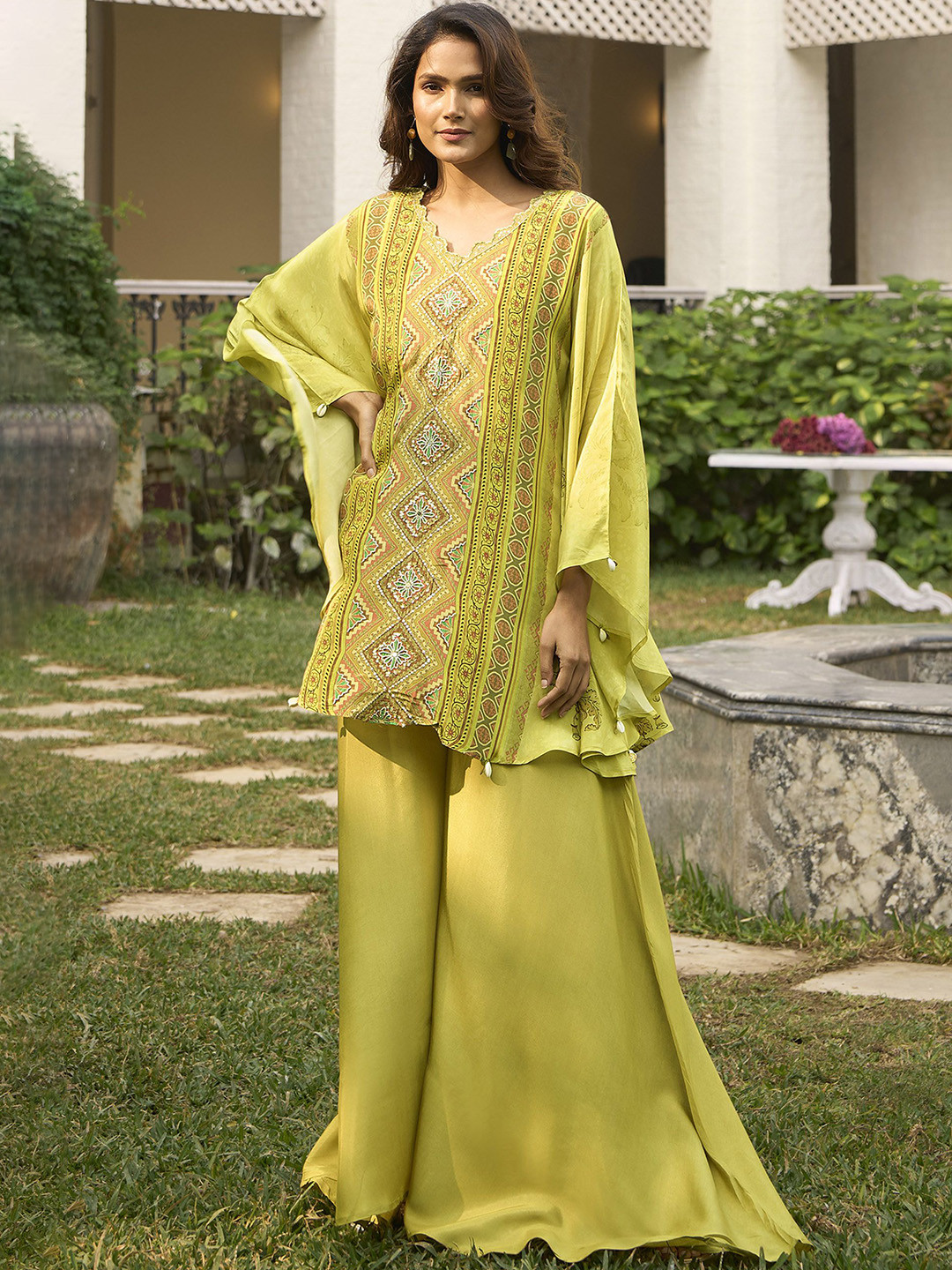 Anouk Floral Printed Pure Silk Kaftan Kurti With Palazzo