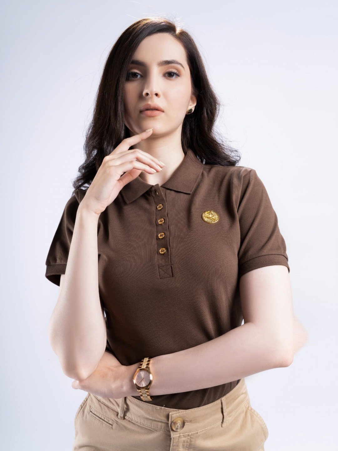 MISROMA Women Camouflage Polo Collar Extended Sleeves Organic Cotton Pockets Slim Fit T-shirt