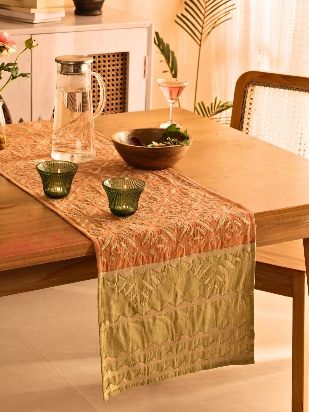 Peepul Tree Green & Coral Geometric Applique Pure Cotton Table Runner