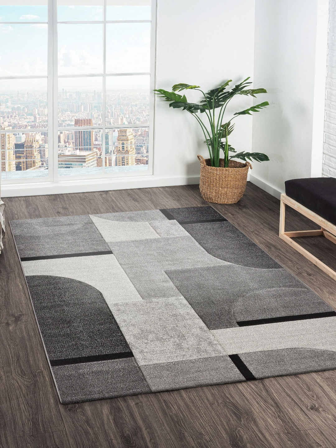 OBSESSIONS Grey Geometric Anti-Skid Polypropylene Carpet