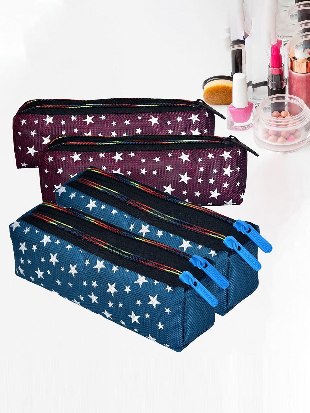 Kuber Industries 4Pcs Blue & Brown Rexine Star Design Utility Pouch