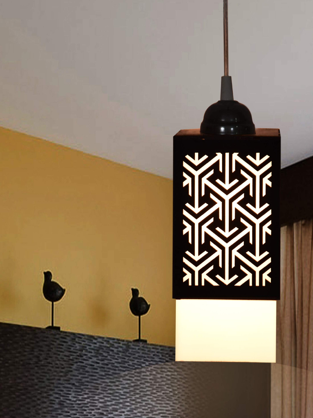 Gojeeva Black & White Textured Square Shaped Contemporary Wooden Hanging Wall Lamp