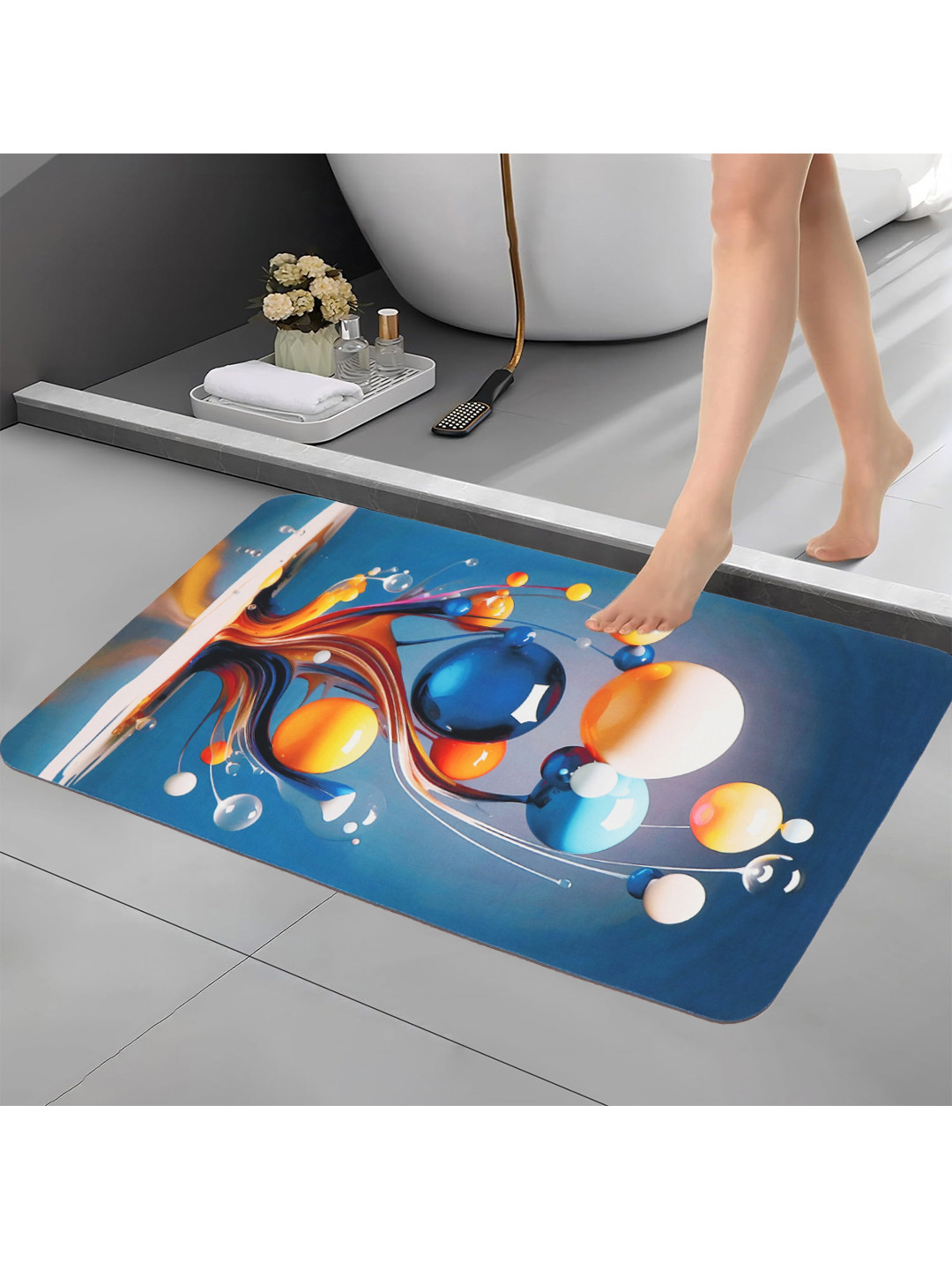 Aura Blue & Orange Printed Anti Skid Bath Rug