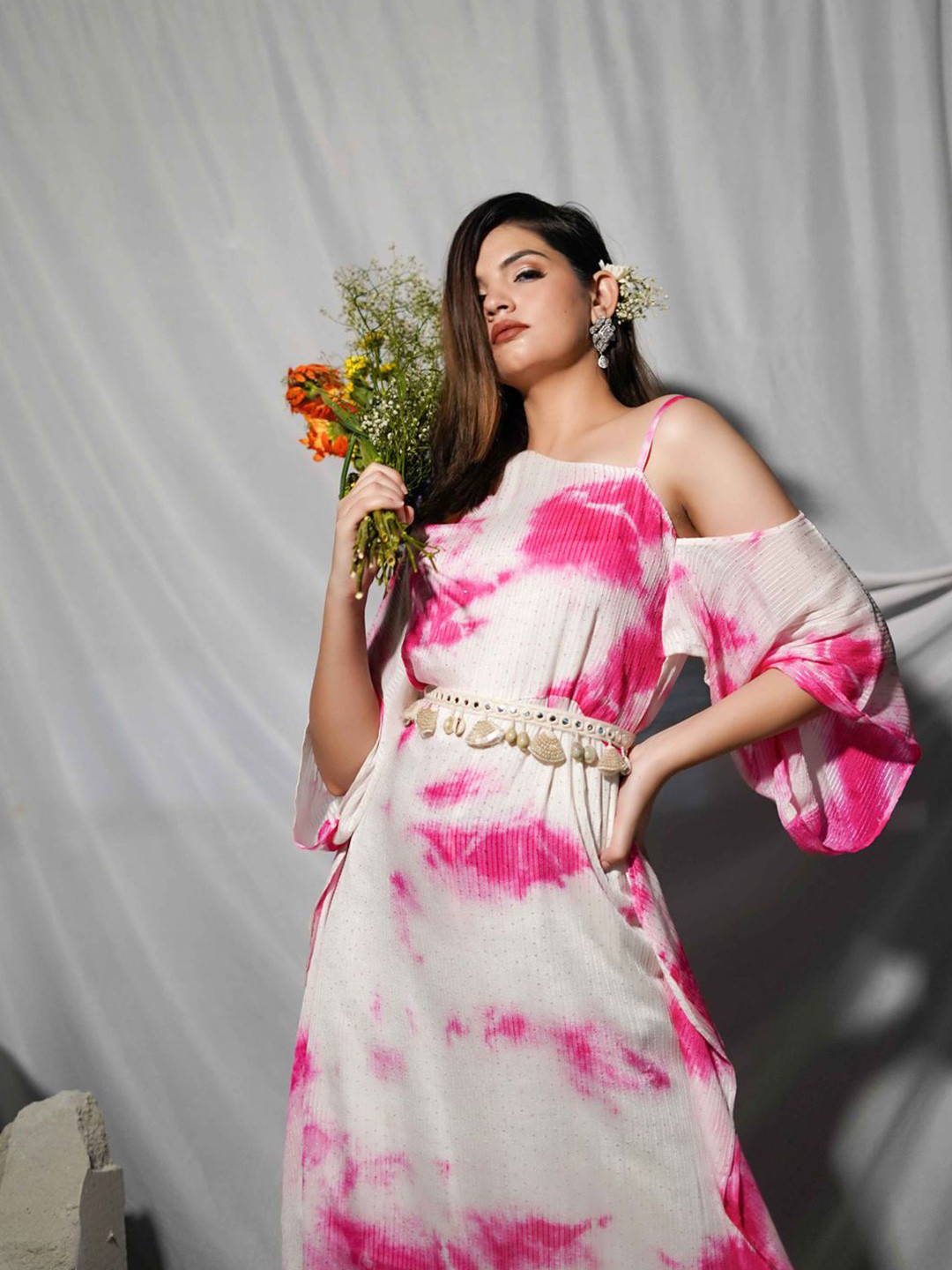 Shades of Sabi Tie and Dye Print One Shoulder Bell Sleeve Fit & Flare Midi Dress