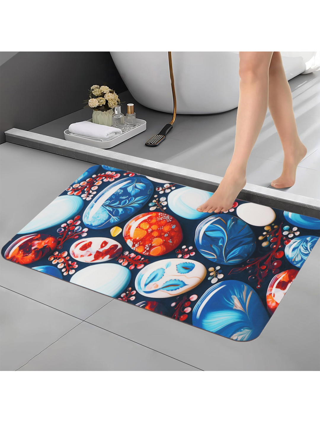 Aura Blue & Orange Printed Anti Skid Bath Rug