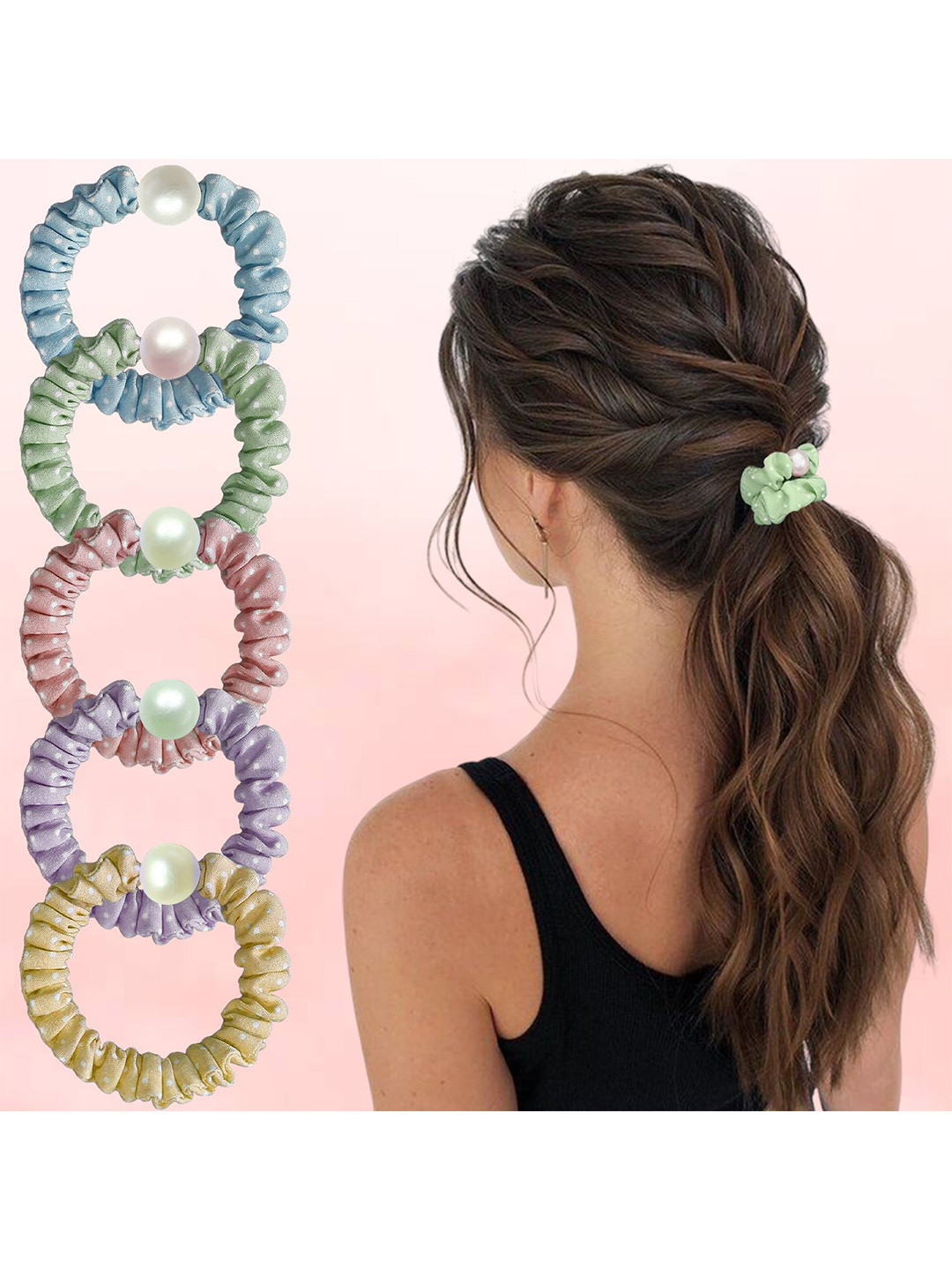 LYKAA Set of 5 Assorted Classic Cotton Pearl Hair Rubber Bands