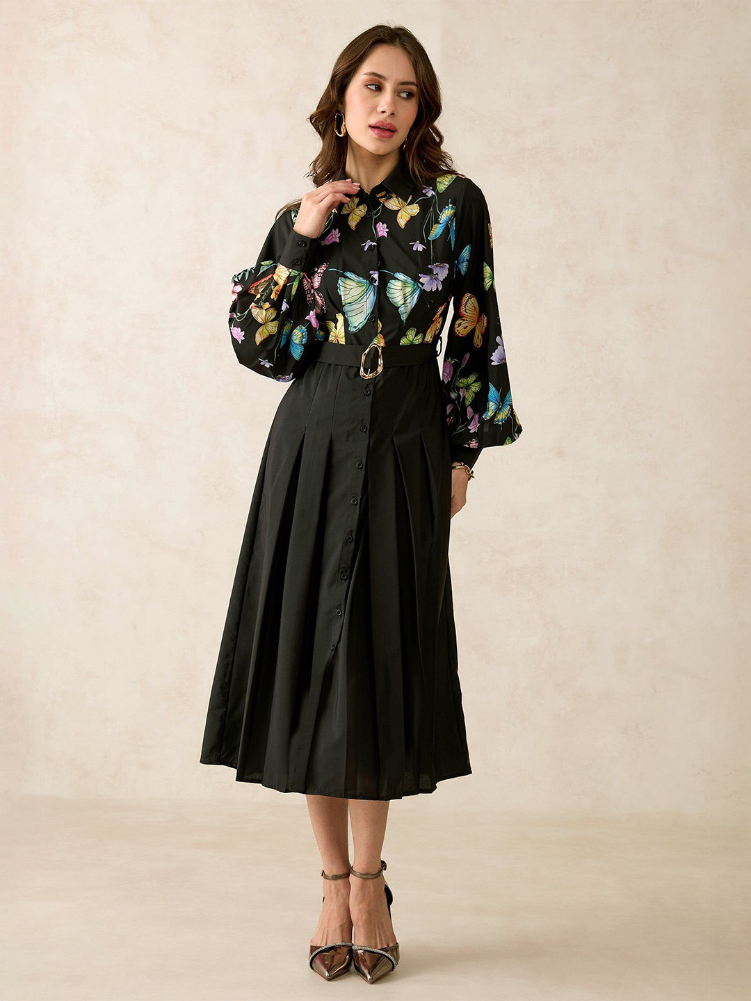 Virgio Satin Printed Belted Midi Dress