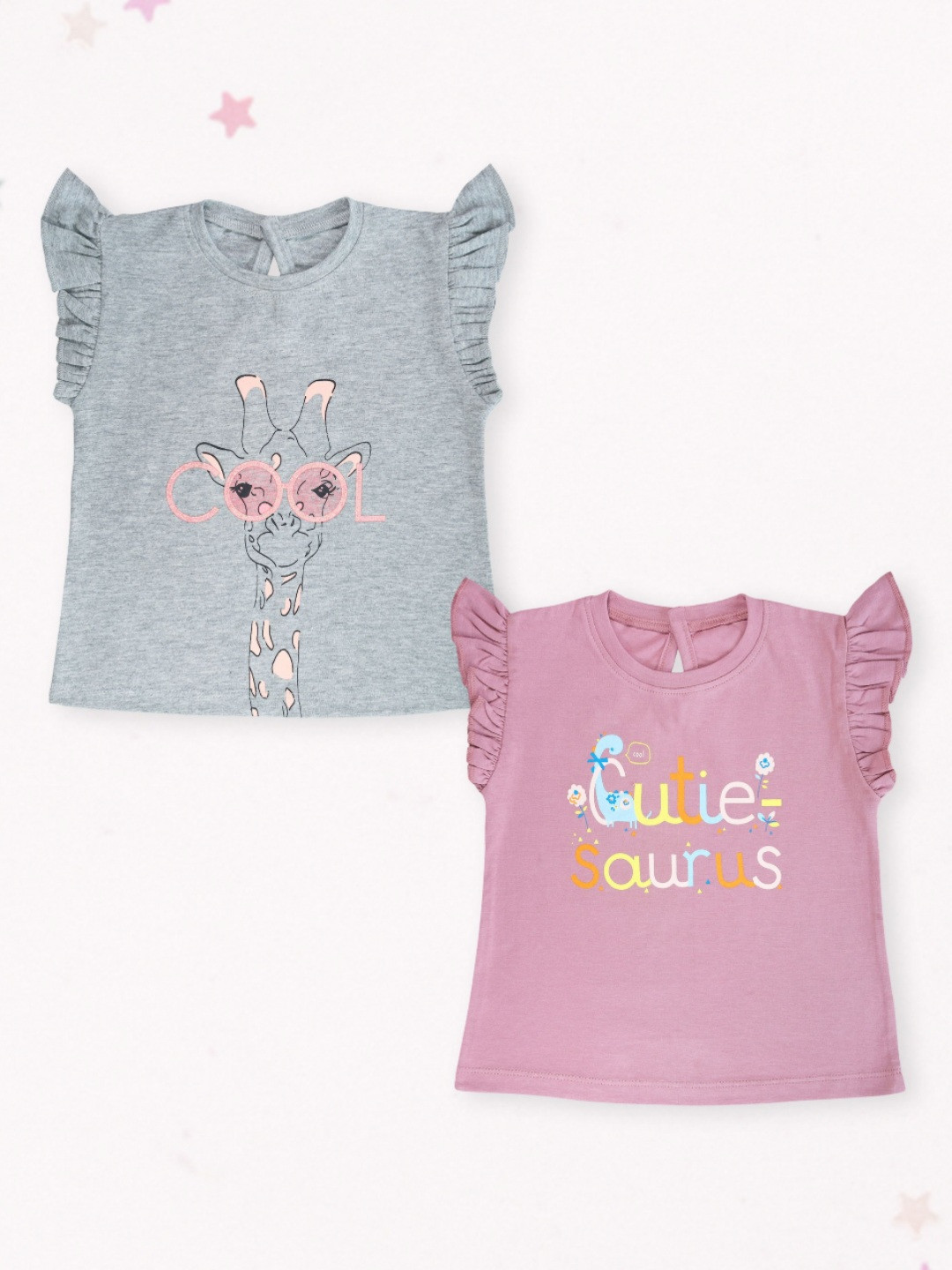 Miss & Chief Girls 2 Printed Petal Sleeves Pure Cotton Applique T-shirt