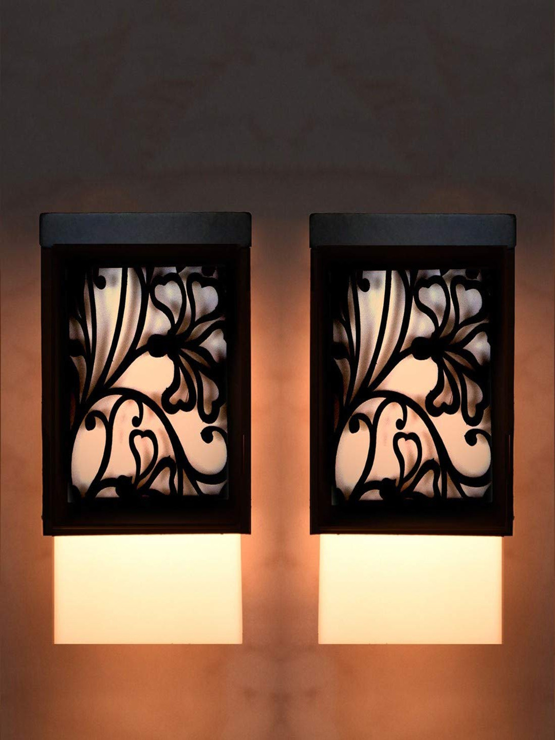 Gojeeva Black & White 2 Pieces Floral Textured Square Shaped Wooden Ceiling Wall Lamps