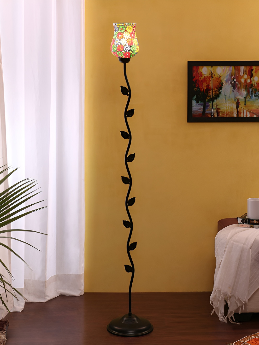 Devansh Black & Red Printed Glass Bell Shaped Floor Lamp