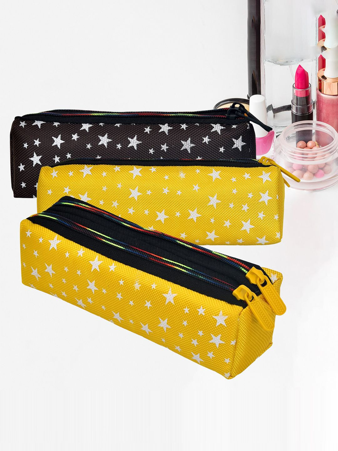Kuber Industries 3 Pcs Yellow & Black Printed Multi Utility Pouch