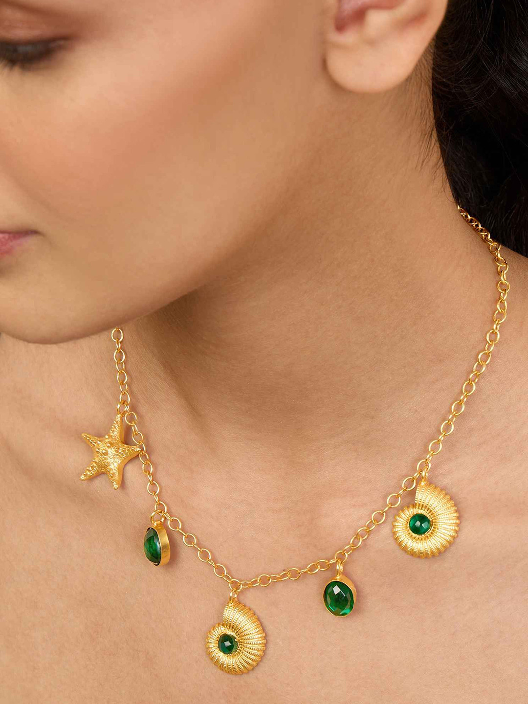 MNSH Gold-Plated Artificial Stones Studded La Mer Charm Necklace